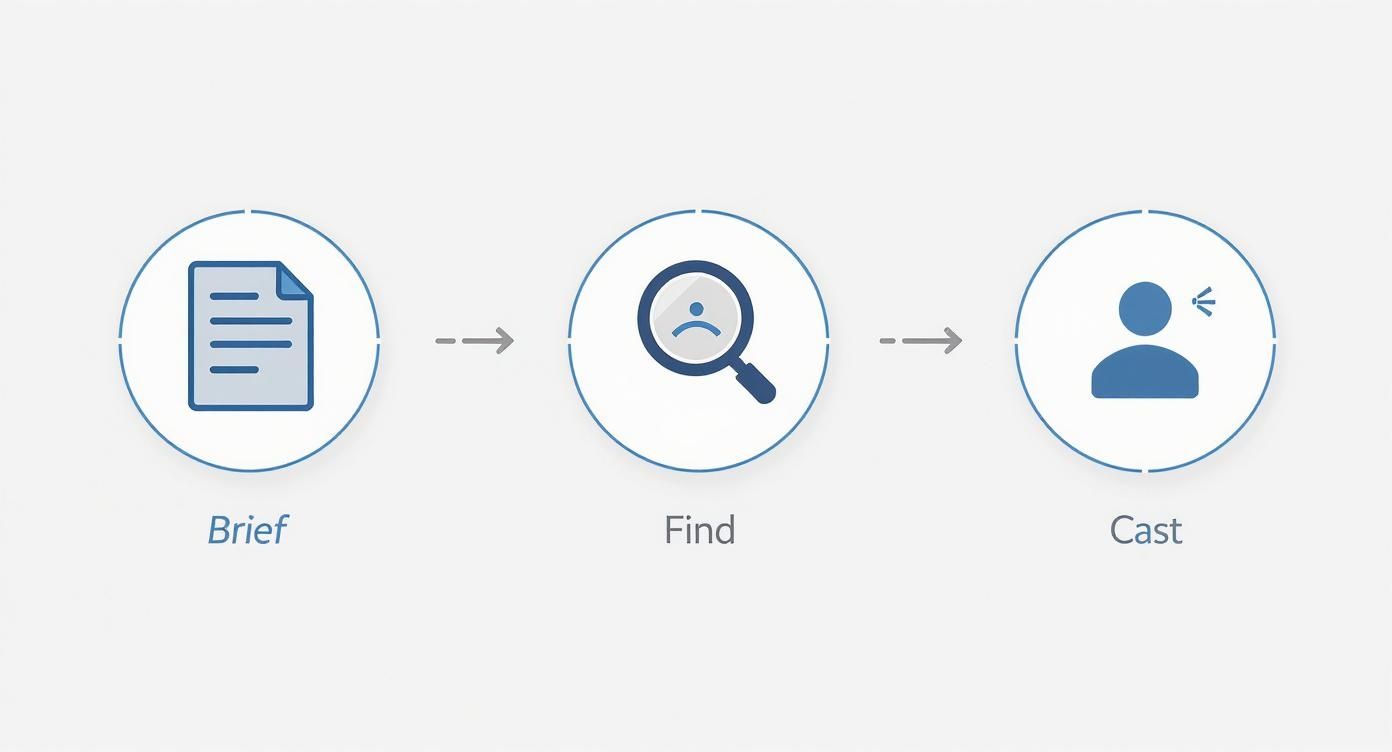 A three-step process diagram showing a document (Brief), magnifying glass (Find), and person (Cast).