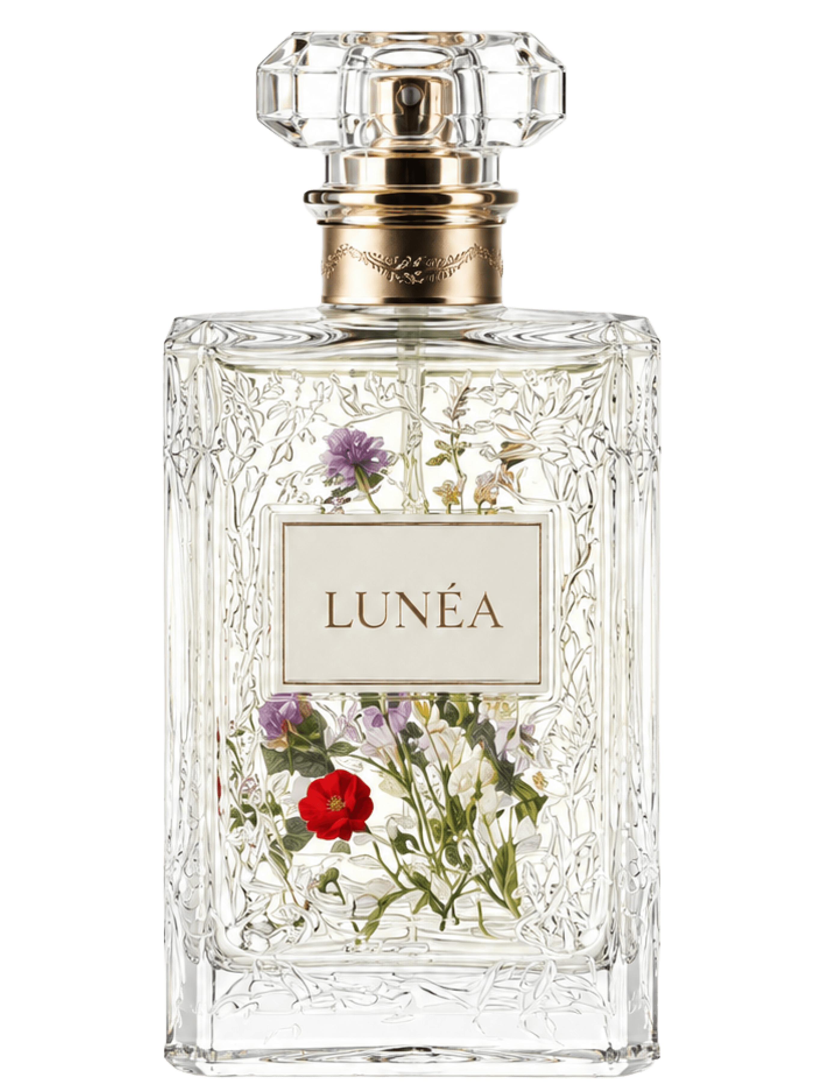 A clear Lunéa perfume bottle decorated with colorful botanical illustrations and a faceted glass cap.