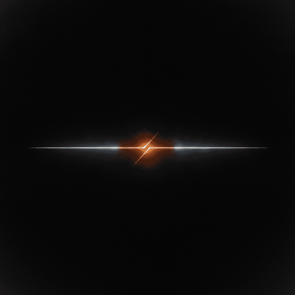 Single thin white line bisecting deep black void, breaking at center into orange glow