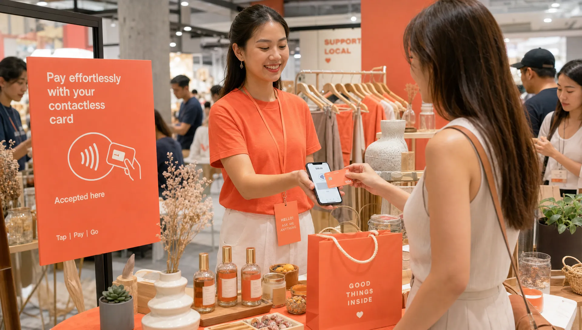 A Singapore pop-up retail booth at an indoor market where a customer taps an international contactless card on a merchant's smartphone, with product displays and shopping bags on the table.