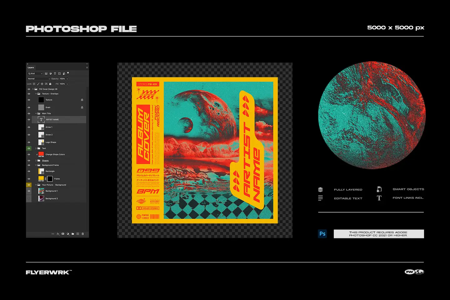 Retro futuristic album cover template with a red planet graphic and orange vertical artist name bar