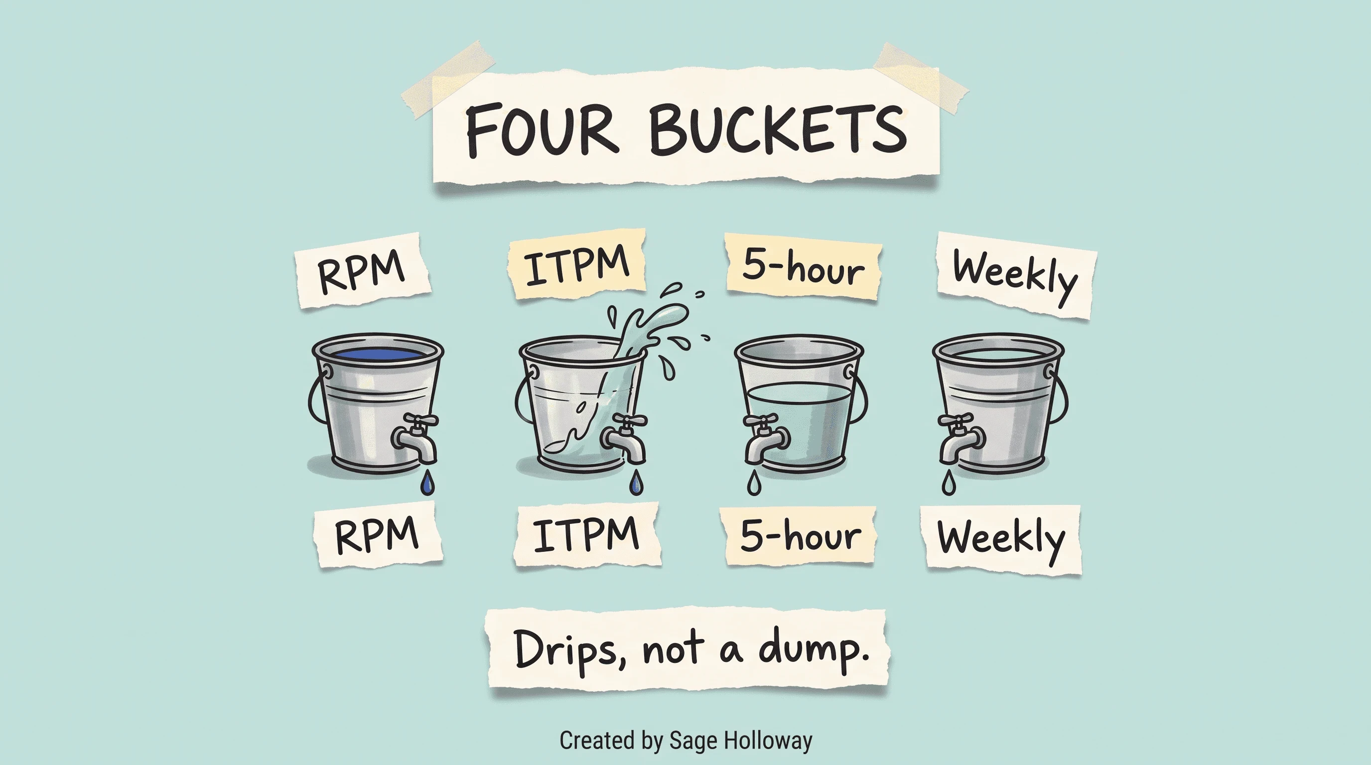 Scrapbook diagram of Claude Code RPM, ITPM, 5-hour, and weekly limits as four buckets with continuous drip