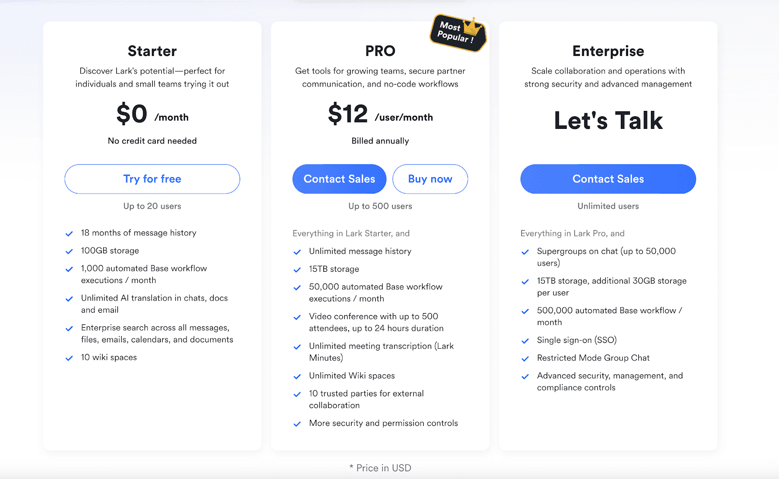 Lark's pricing plans