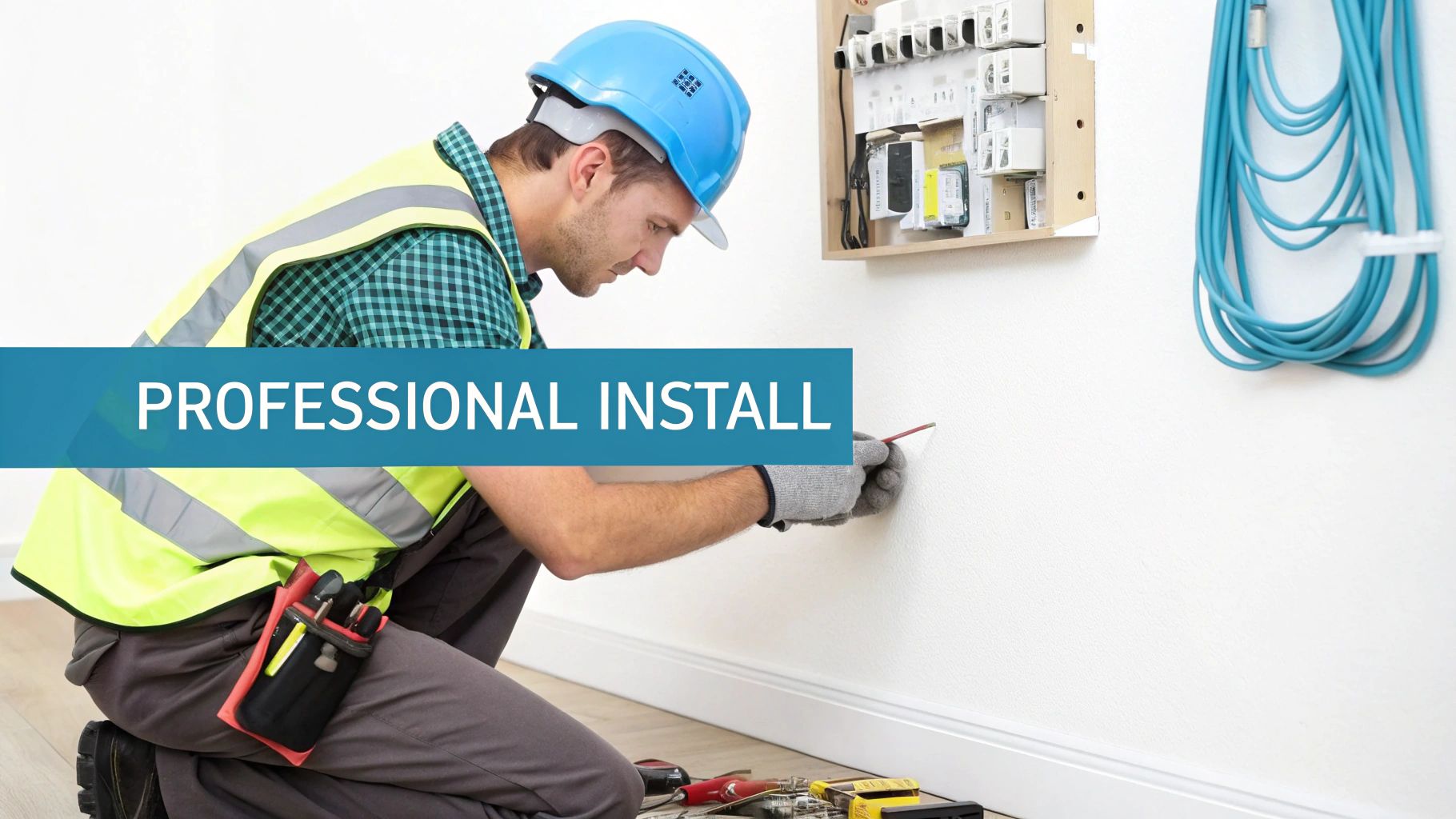 A professional electrician in a hard hat and safety vest working on a wall installation.
