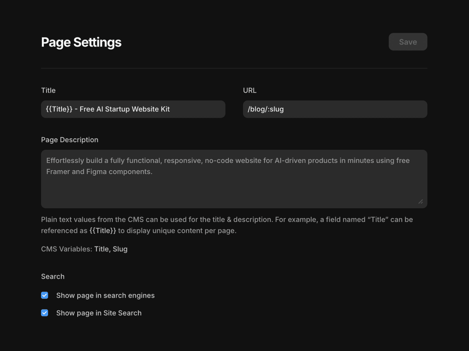 Framer 页面设置界面截图,显示 Title 字段包含“{{Title}} - Free AI Startup Website Kit”。深色主题界面展示了 SEO 元数据的配置选项,Title 字段演示了如何使用 CMS 变量动态插入内容标题。