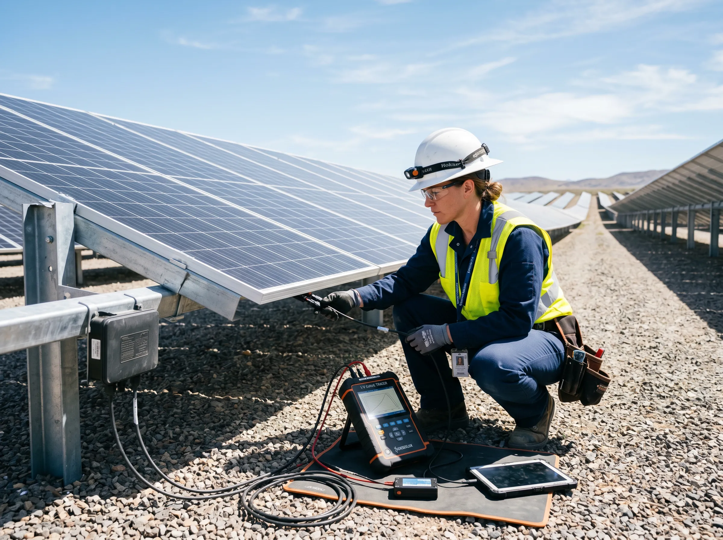 A technician in safety gear kneels beside solar panels, using a tablet to inspect and record performance data.