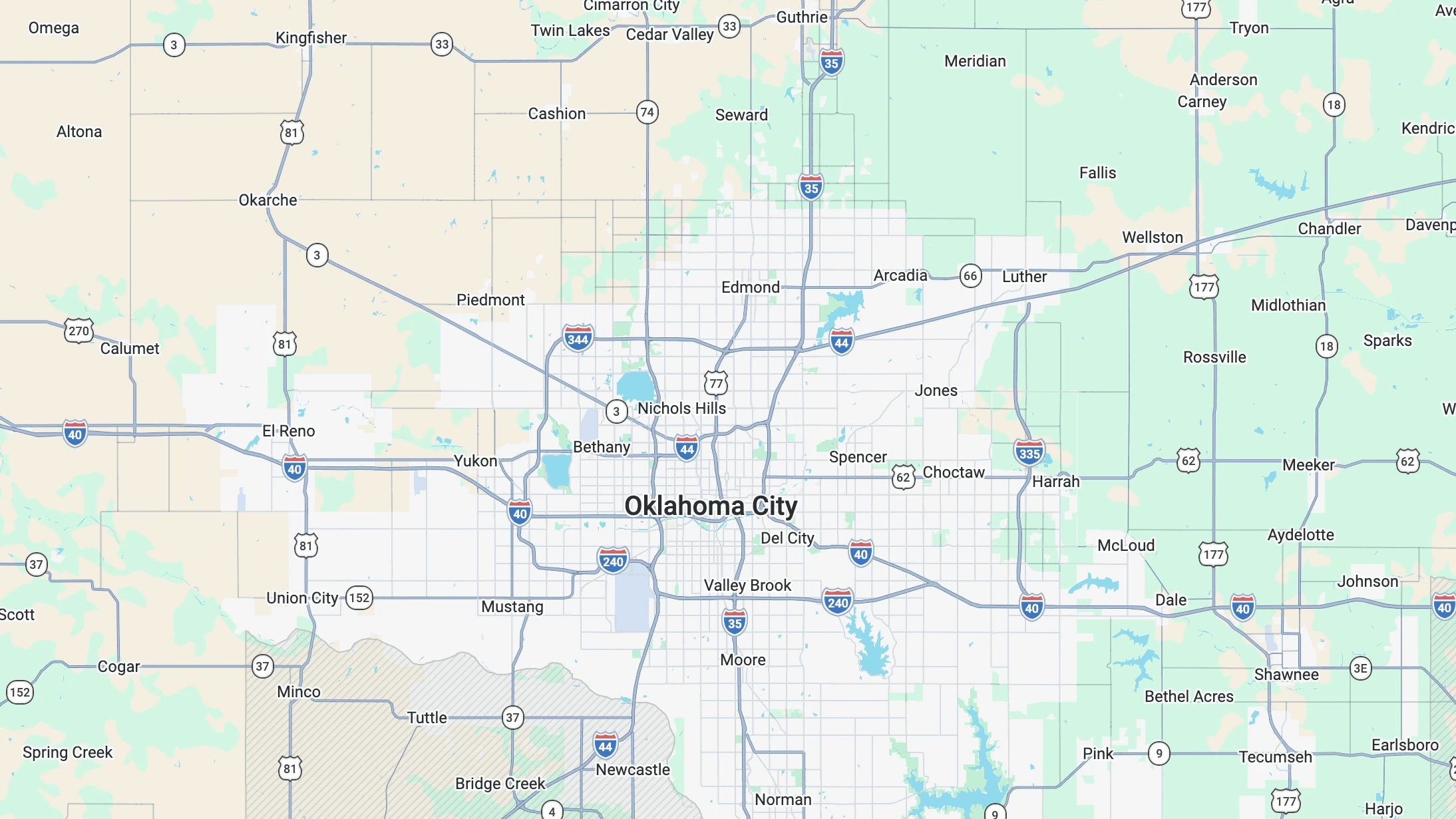 A map of Oklahoma City and its surrounding towns highlighting the service area of Edmond Gutter Pros