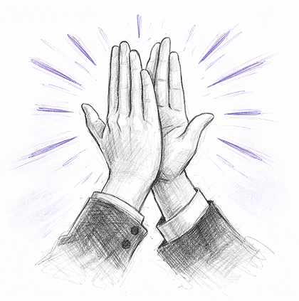 A sketch of two hands in a high-five gesture with purple rays emanating outward, conveying success and celebration. The image has a joyful tone.