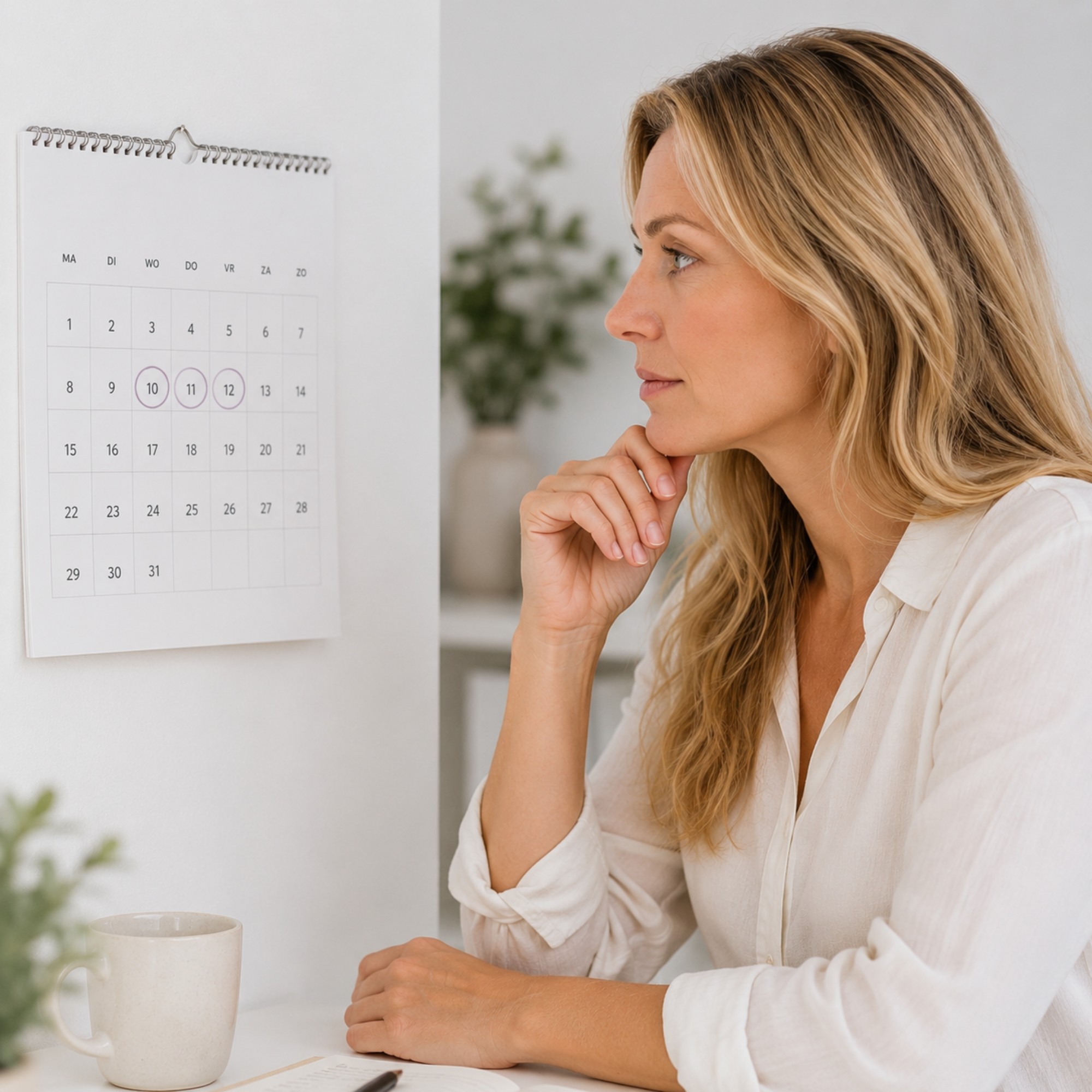 Vrouw kijkt naar een kalender om de periode tussen een stressvolle gebeurtenis en het ontstaan van haaruitval te illustreren.
