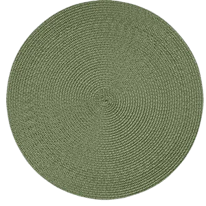 A circular, textured sage green woven placemat on a clear background.