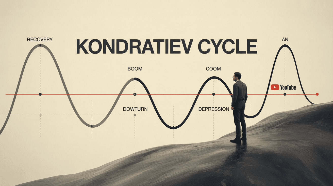 Minimalist thumbnail showing stylized Kondratiev economic cycle wave with four labeled stages, small human figure standing at the Depression low point, dark somber color palette with bold title at top center