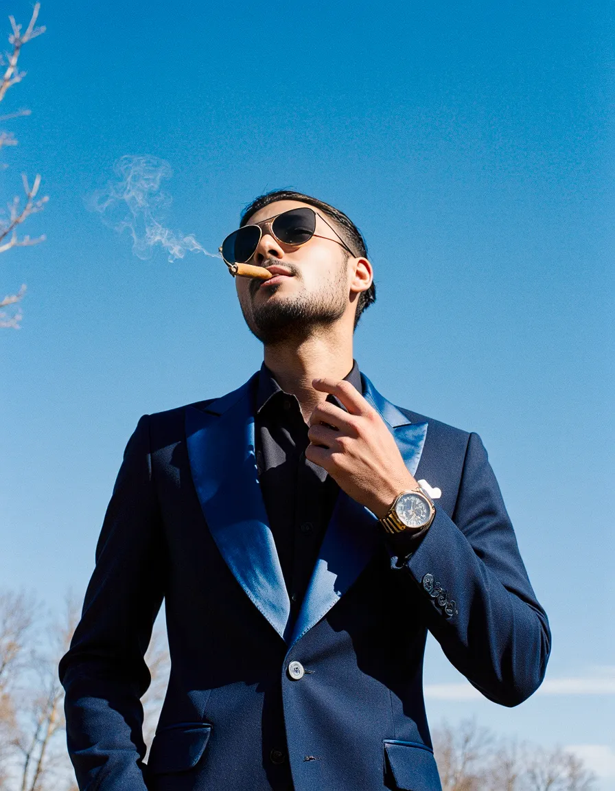 Sophisticated portrait featuring navy blue tailored suit, gold watch, aviator sunglasses and cigar against bright blue sky backdrop