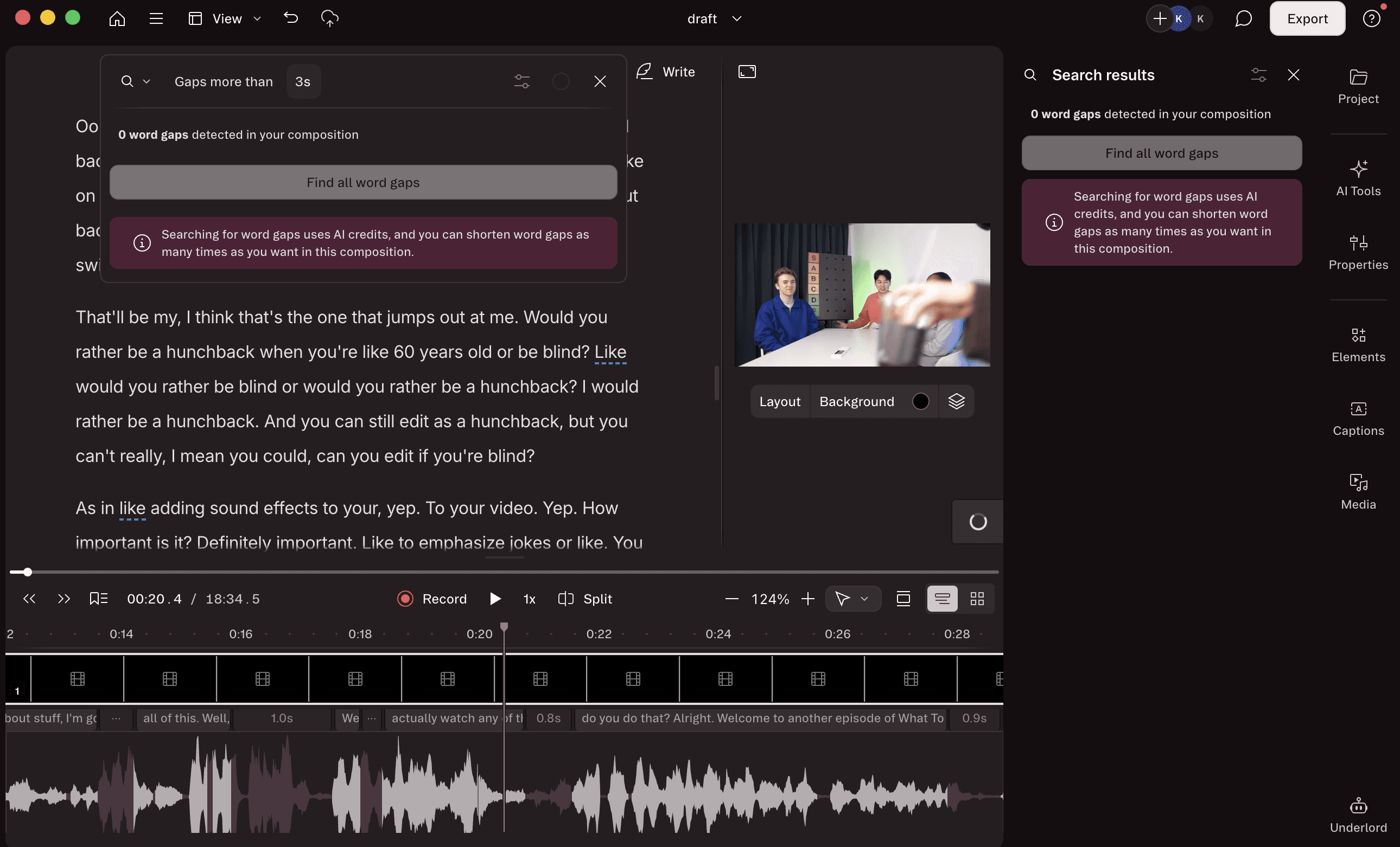 Descript word gap detection panel showing a search for gaps longer than 3 seconds with a note that searching for word gaps uses AI credits