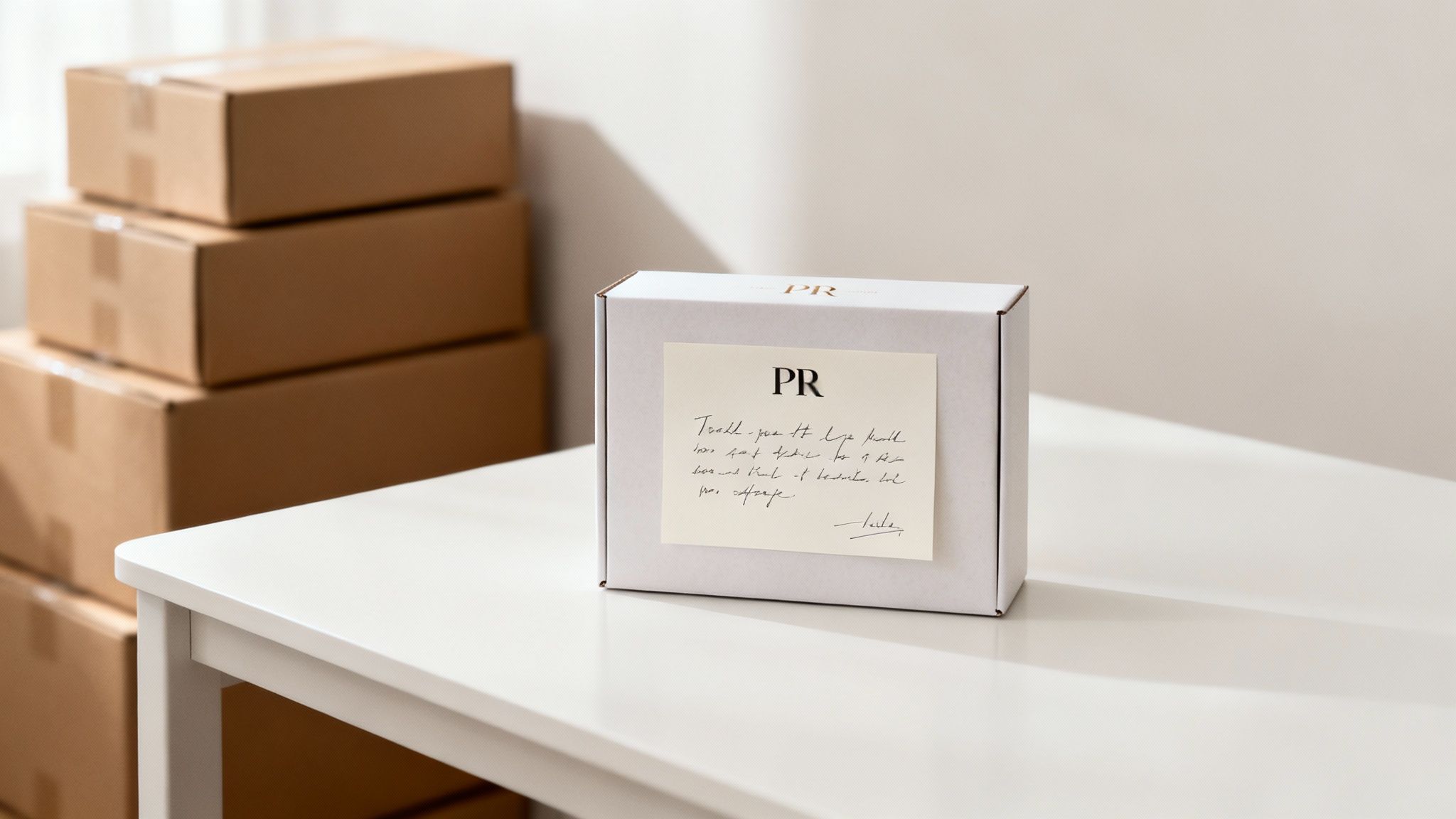 A PR package being carefully packed with branded products and decorative filler.
