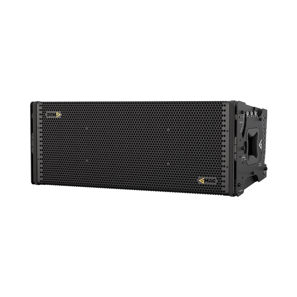 Black line array speaker with gold MAG logo