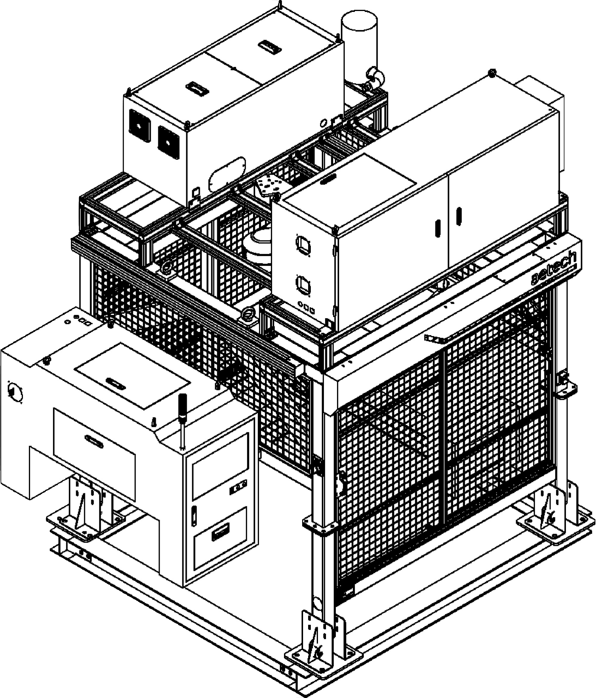 Line drawing of an Atron unit sized to fit tight spaces alongside existing sorting equipment