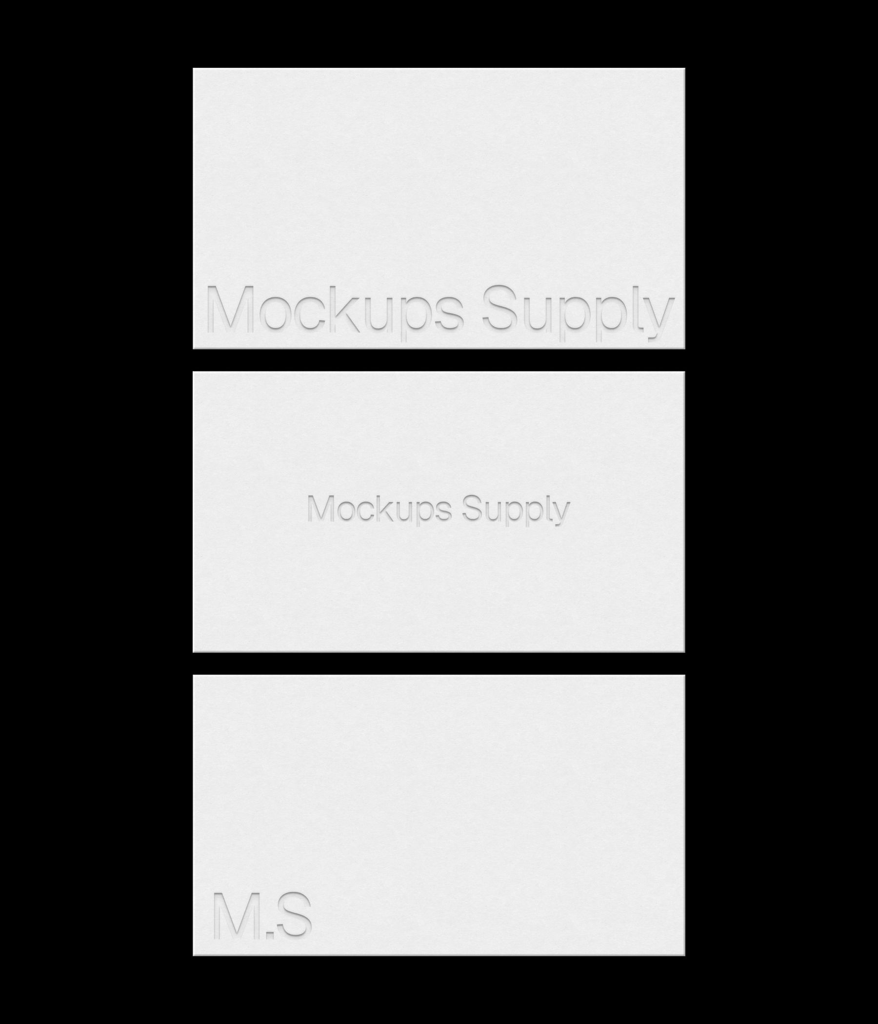 3 US Canada business cards mockup in column for Photoshop with debossed text effect, white cards on black background, minimal branding and stationery presentation