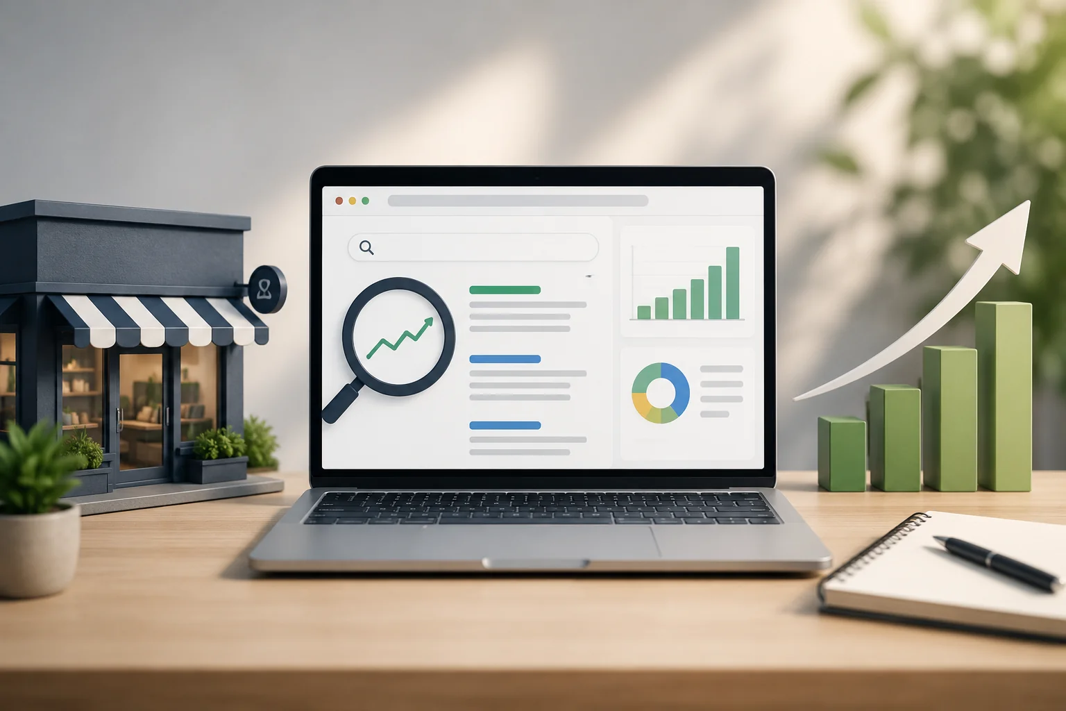 Laptop showing website search results and analytics charts, beside a small storefront model and a rising green bar graph, representing local SEO growth for a small business.