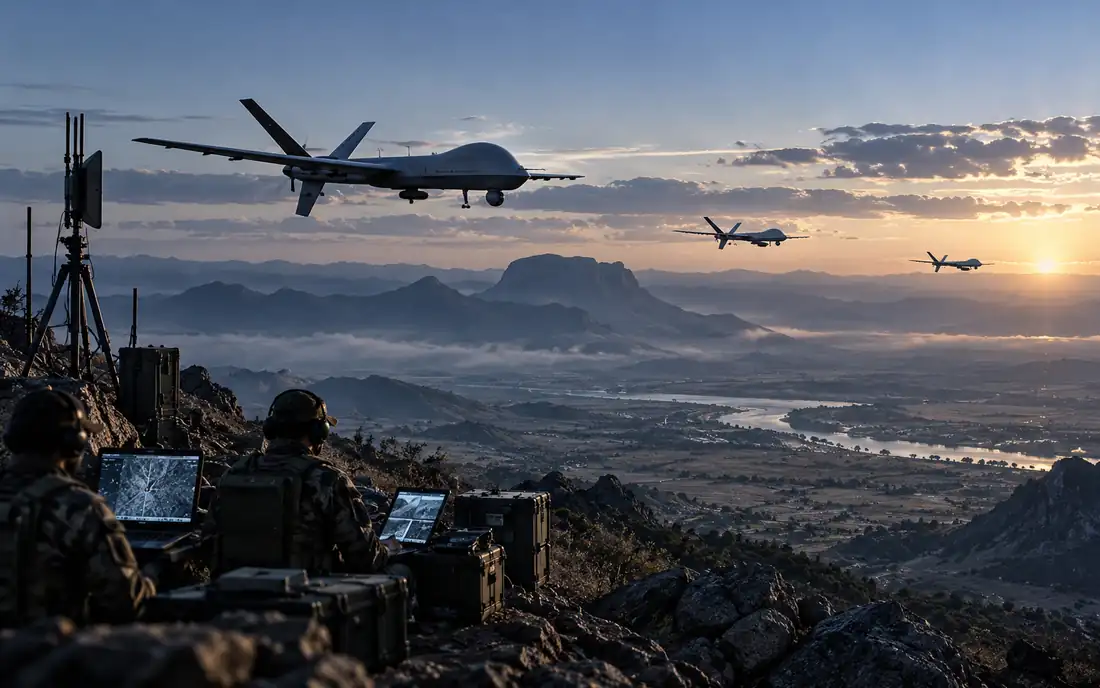 Illustration of multiple surveillance drones above a mountain valley, with operational crews at a ground command outpost.