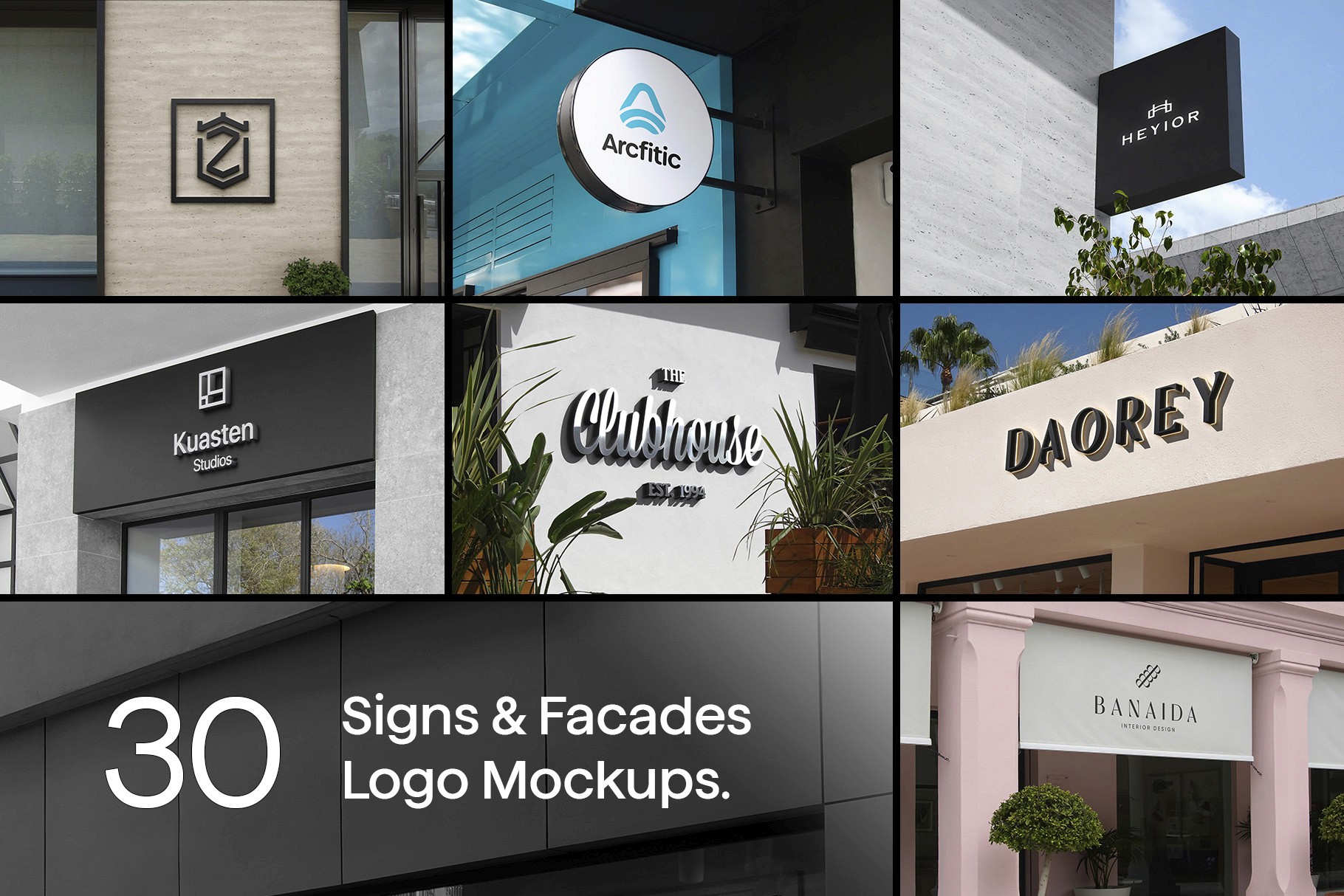 A collage of various storefront signage mockups from the "30 Signs & Facade Logo Mockups - V4" collection, showcasing realistic logo presentation styles.