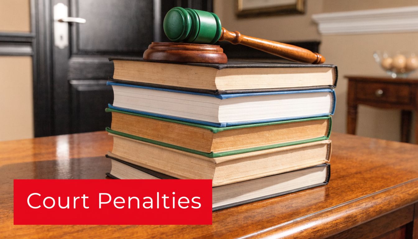 A wooden gavel resting on top of a stack of thick law books on a table.