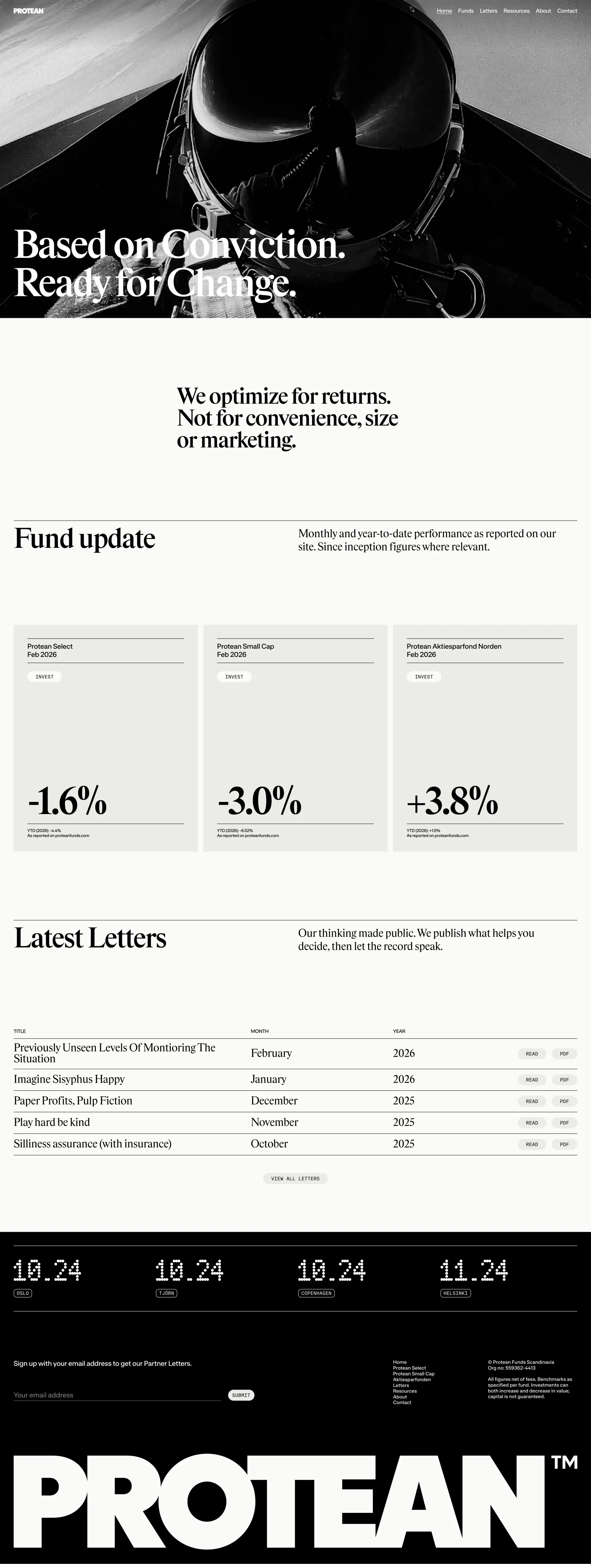 Protean Funds Scandinavia landing page screenshot showcasing Finance design