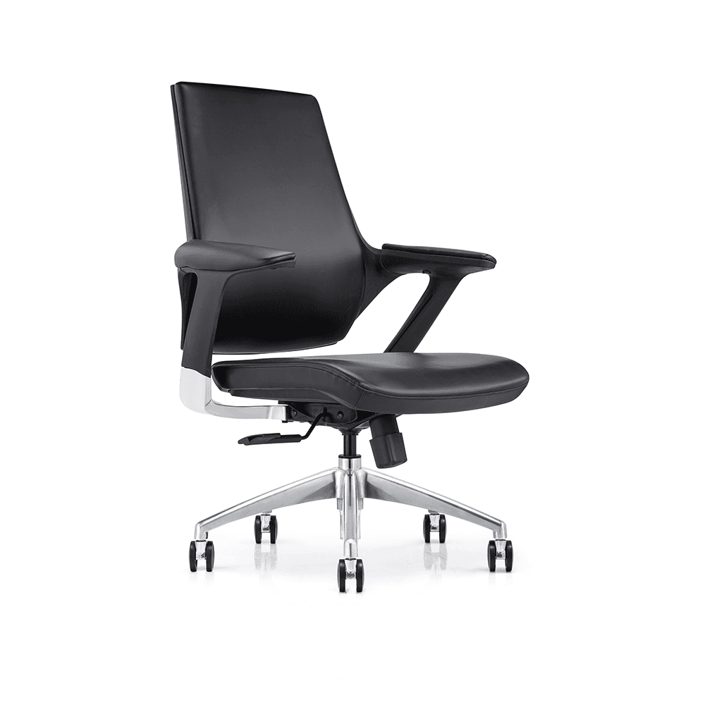 Front three-quarter view of a black mid-back leather manager office chair with integrated lumbar support and a sleek armless design on a polished aluminum base.