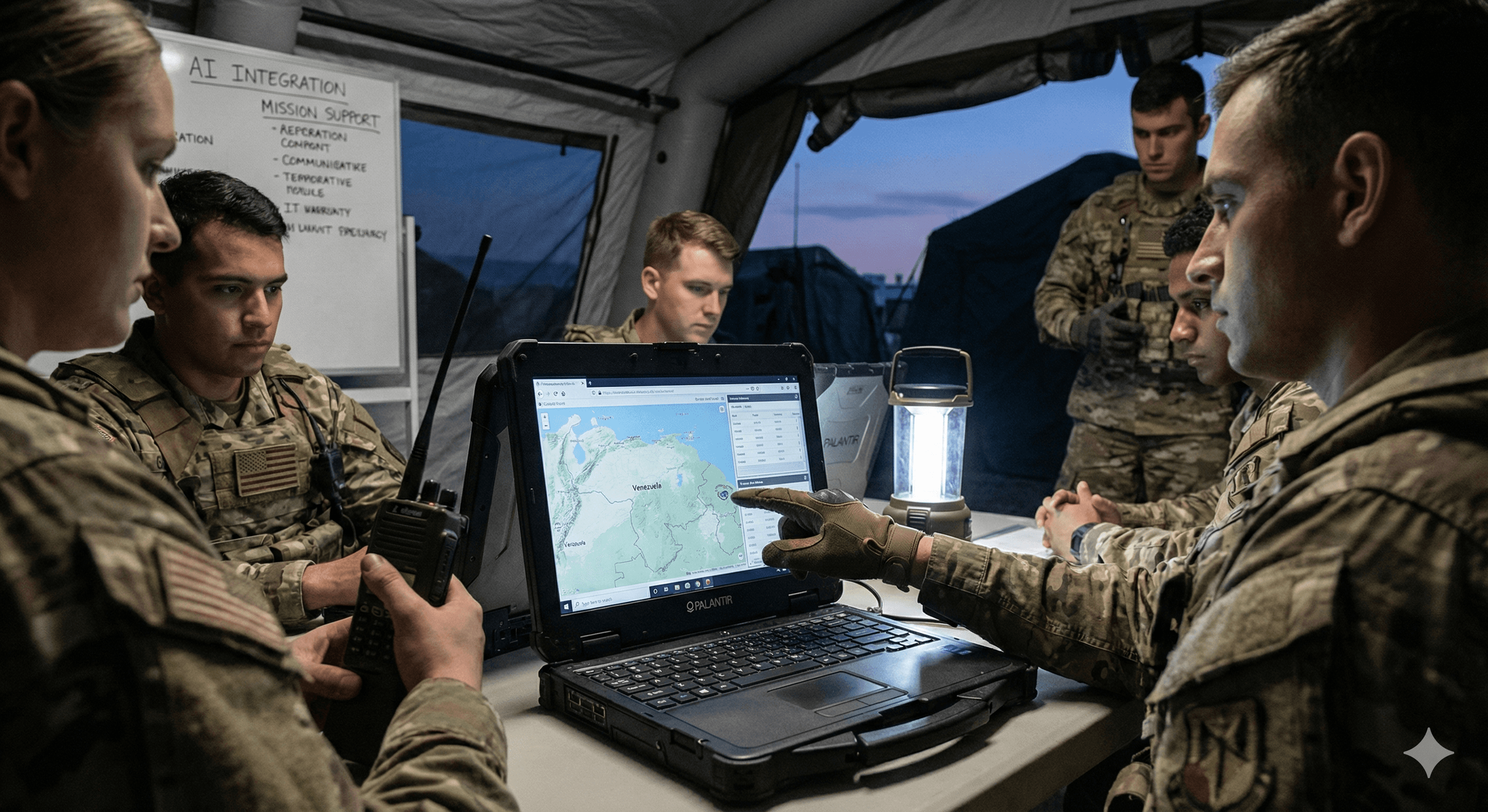 A group of military personnel in uniform gather around a laptop displaying a map, discussing strategy inside a tent with dim lighting, emphasizing the technological setup and focused operation within a temporary command post.