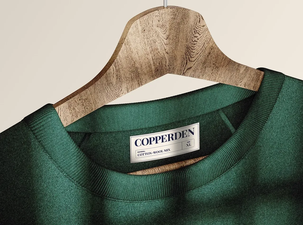 Close-up of Copperden clothing label on a premium cotton wool knit garment displayed on a wooden hanger