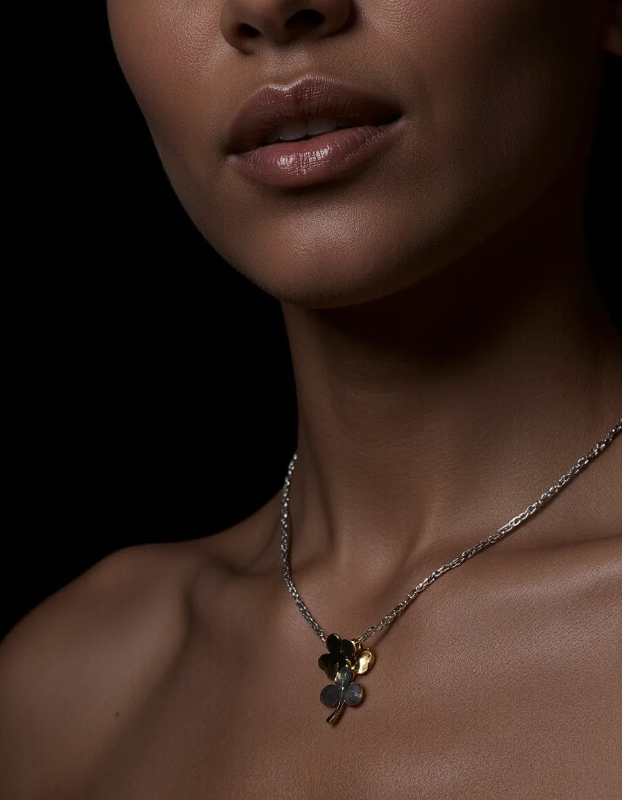 Close-up photograph of a delicate pendant necklace with gold and silver charms against dark backdrop, highlighting luxury jewelry details