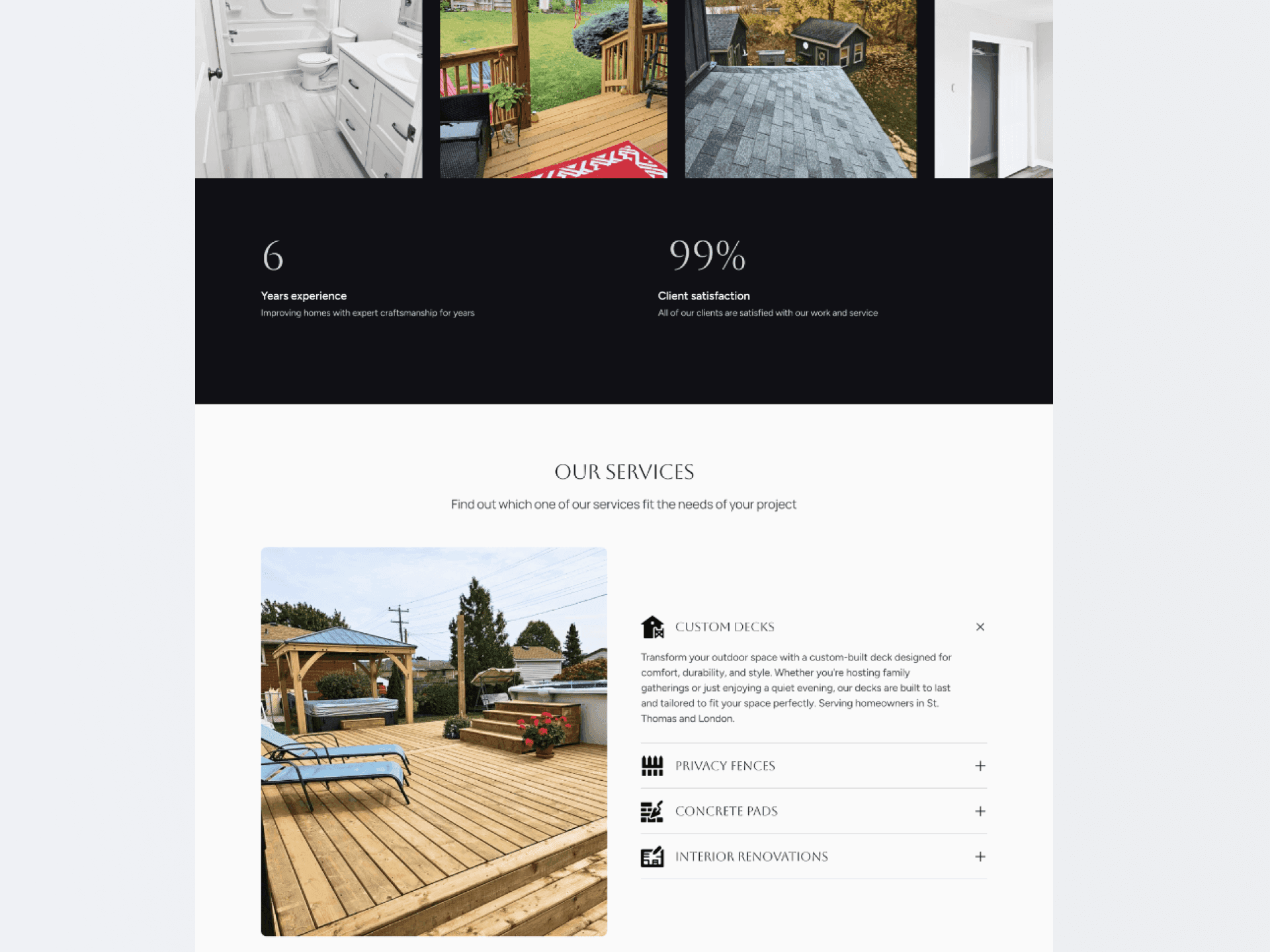 Service section layout showing renovation offerings and call-to-action.