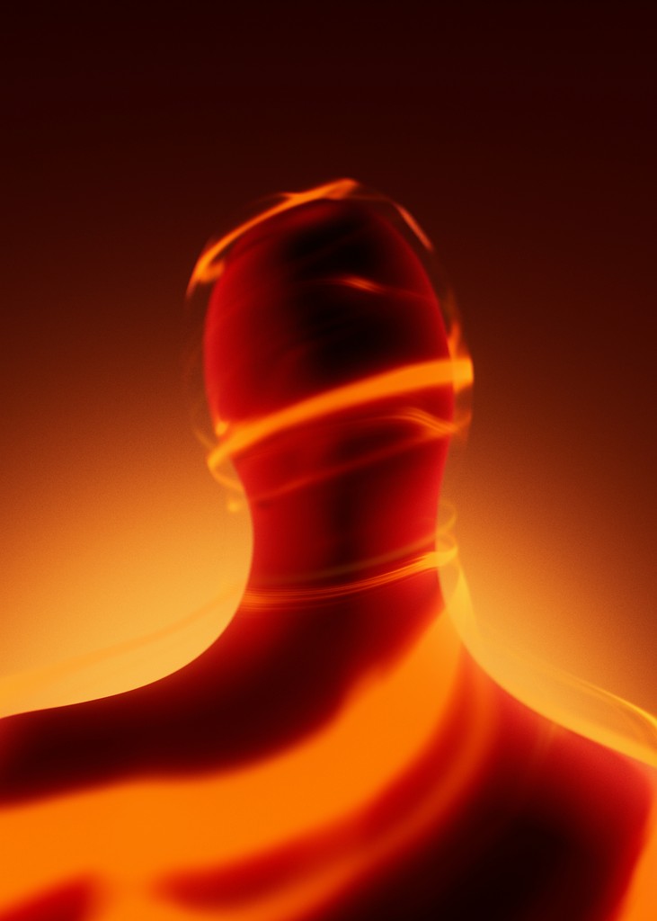 Abstract human form with glowing orange energy swirls
