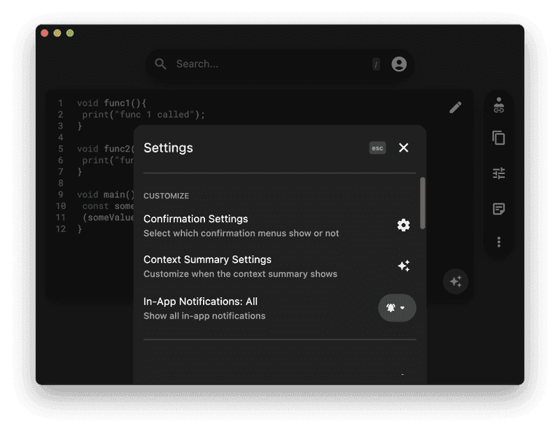 Notification settings in Pieces for Developers.