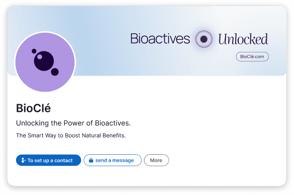 BioClé business cards, front in white and back in dark purple with logo