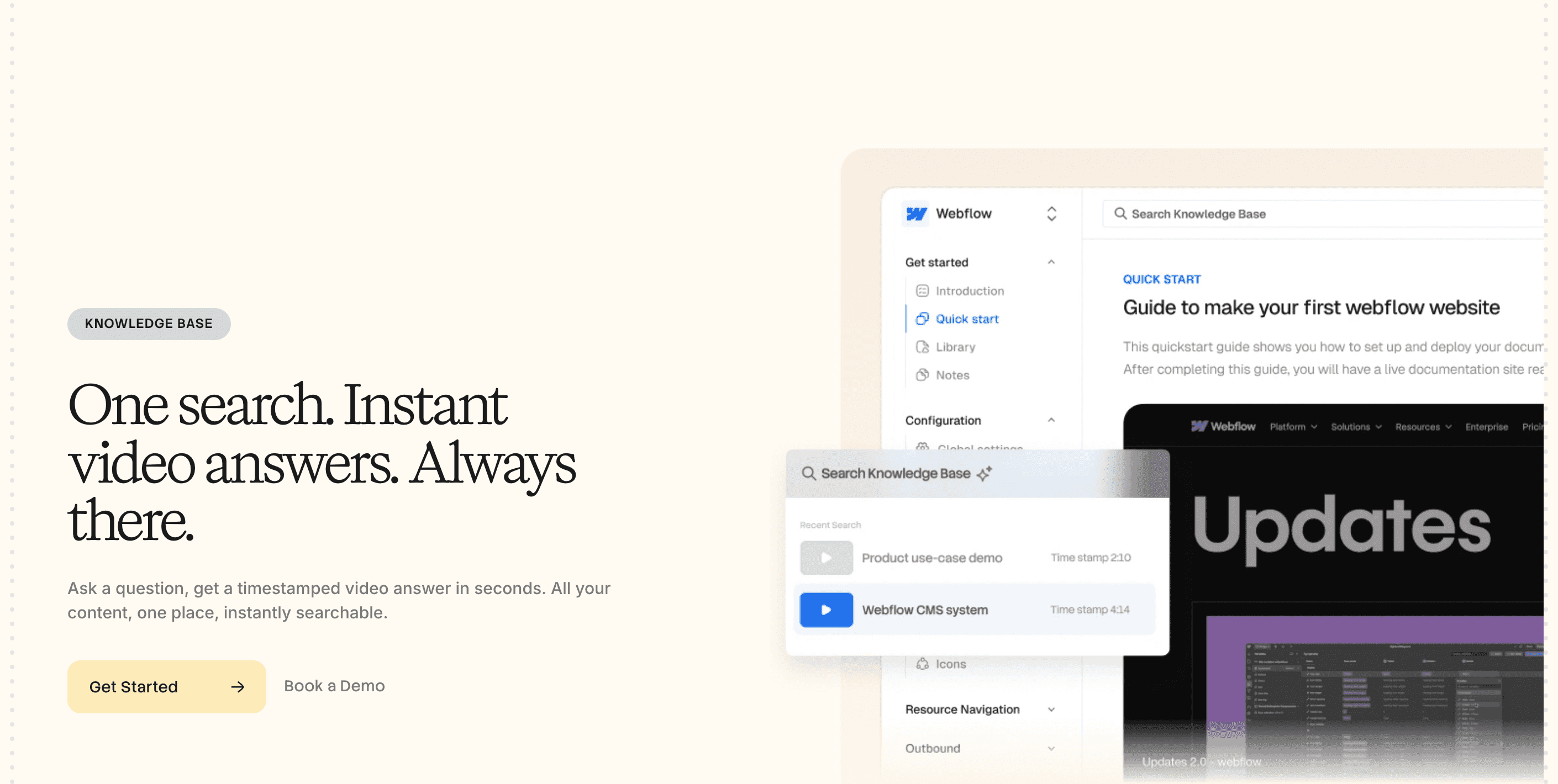 Trupeer's knowledge base page, with a search that returns timestamped video answers