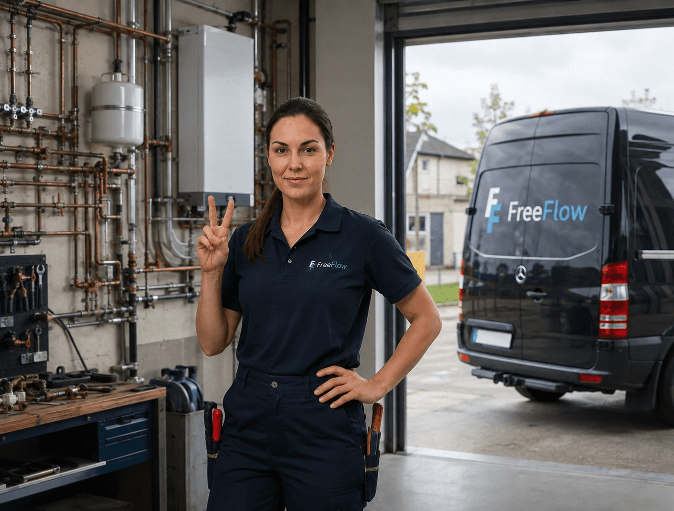 Daniela, Commercial Plumber at FreeFlow, smiling in front of a service van.