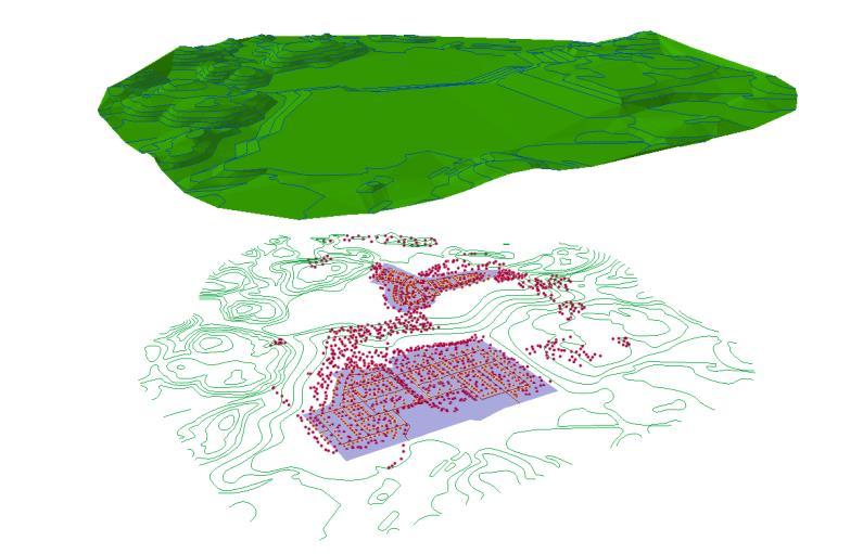 A TIN with height values floating above flat 2D GIS layers