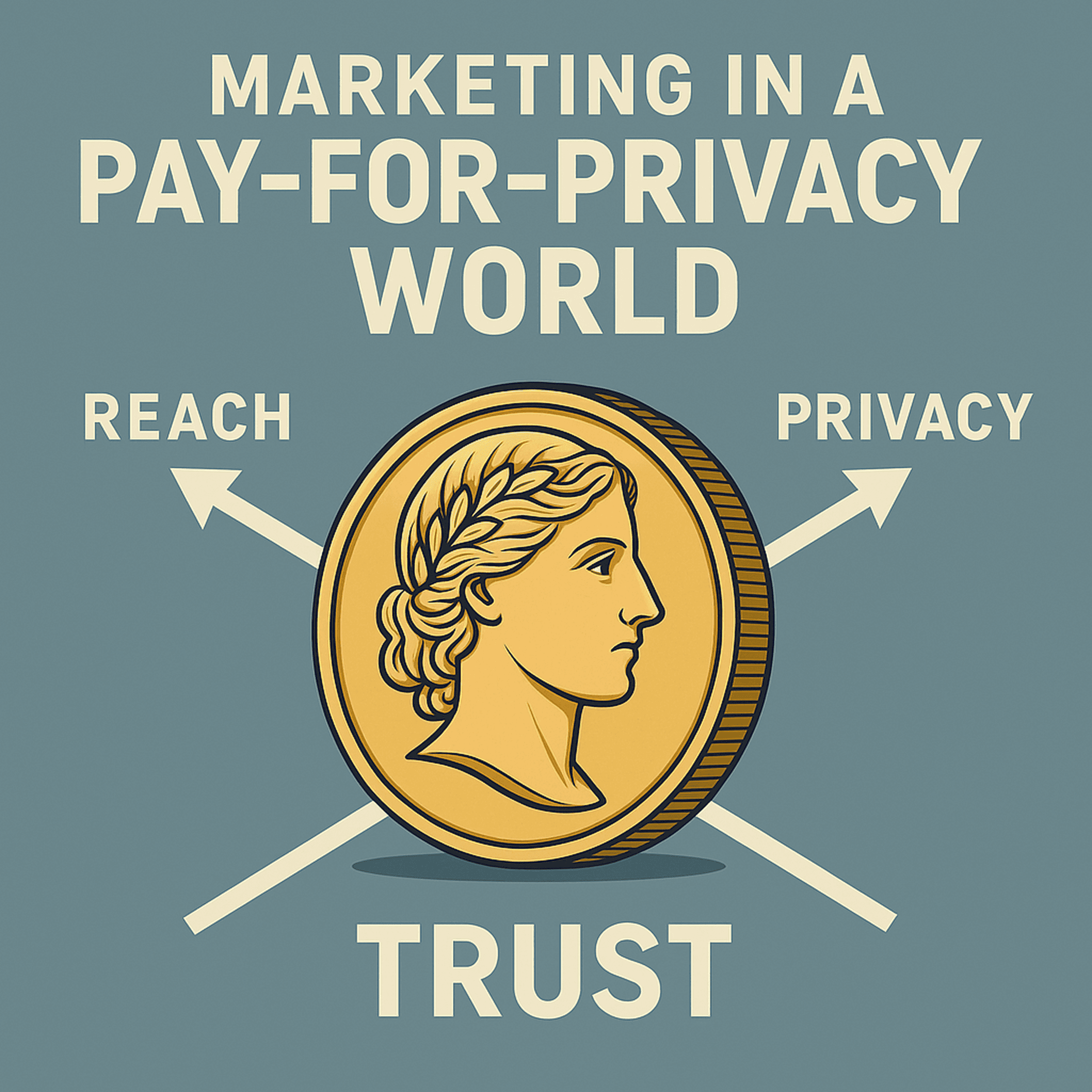 A stylized illustration of a gold coin with a classical profile at the center. Arrows labeled “Reach,” “Privacy,” and “Trust” point outward, and the headline above reads “Marketing in a Pay-for-Privacy World,” symbolizing the trade-off between reach, privacy, and trust in modern marketing.