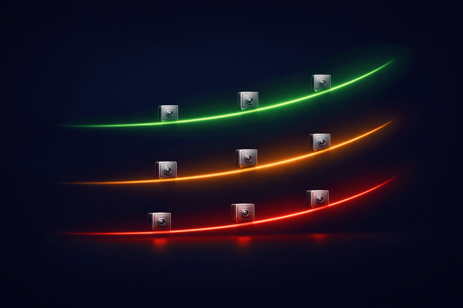 Minimal illustration showing three glowing risk-tiered yield curves with vault icons on a dark background, representing institutional onchain DeFi yield strategies.