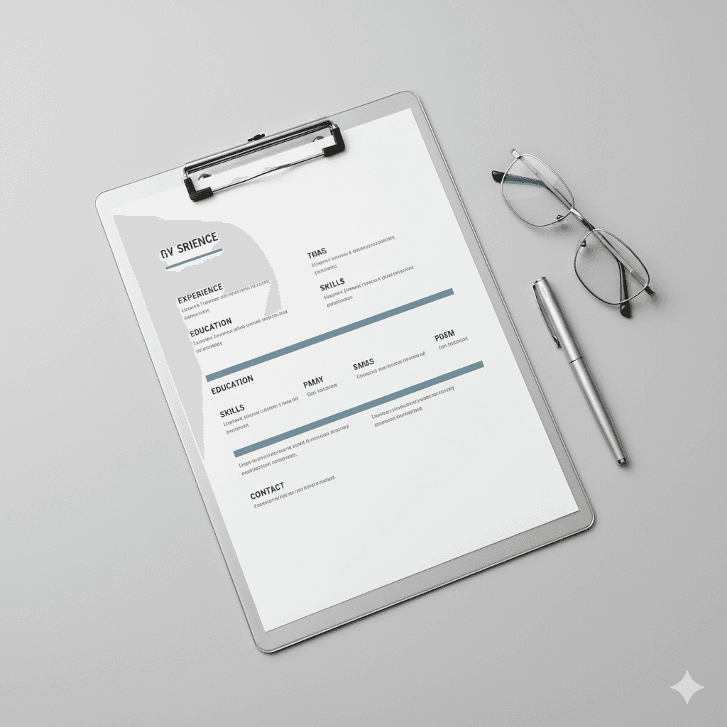 A clean modern CV template on a clipboard, pen beside it, soft grey corporate tones, tidy professional layout.