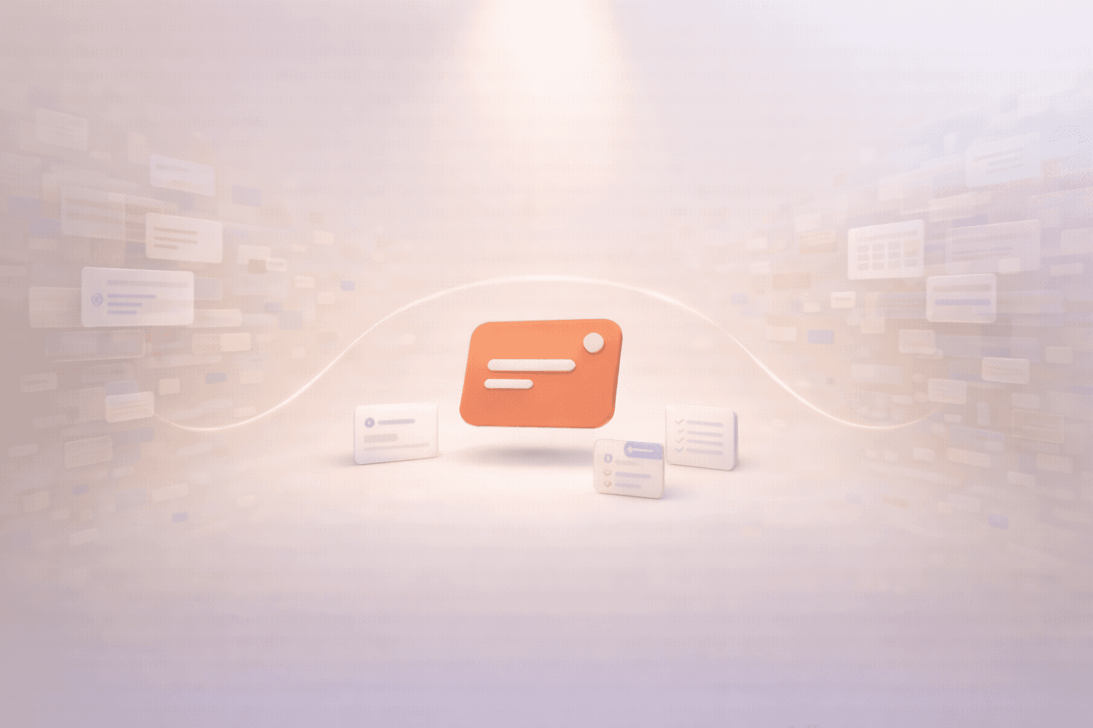 Minimalistische 3D-Illustration mit einer schwebenden korallfarbenen Fokuskarte im Zentrum. Darum liegen kleine Karten für Zusammenfassung, Dokumententwurf und Aufgabenliste, während im Hintergrund transparente Fragmente von E-Mails, Notizen, Kalenderblöcken, Recherchekarten und Datenflächen im warmen cremebeigen Farbverlauf nach außen verblassen und zeigen, wie KI wiederkehrende Arbeit in klare nächste Schritte strukturiert.