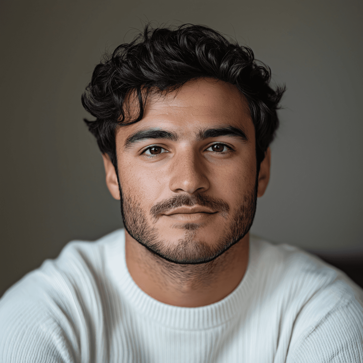 Portrait of a young man with wavy dark hair and a trimmed beard in a white sweater, soft light on a neutral background.