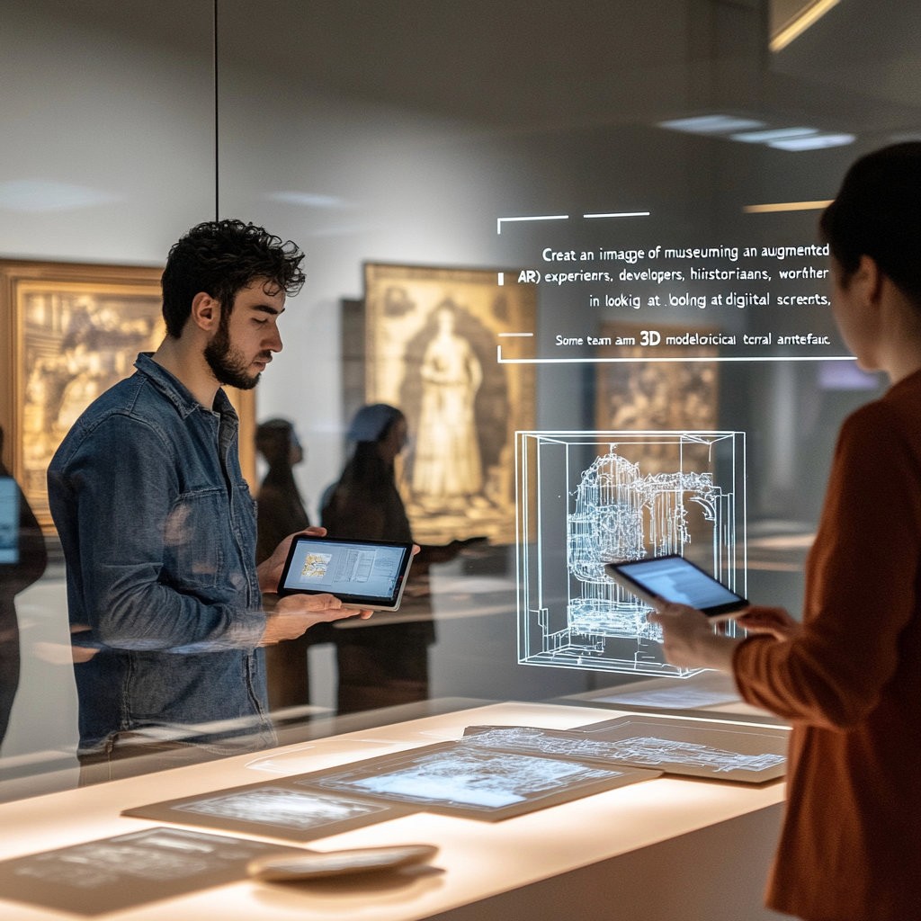 people standing around a table in a museum with digital content surrounding them