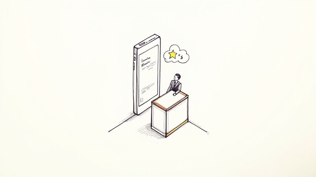 A sketch shows a man at a counter next to a giant smartphone with a 5-star review thought bubble.