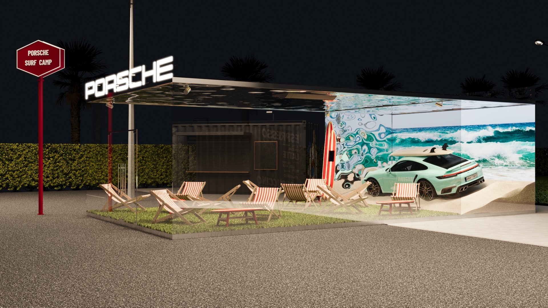 Side view of the beach-style Porsche pop-up zone designed by our team for roadside experience