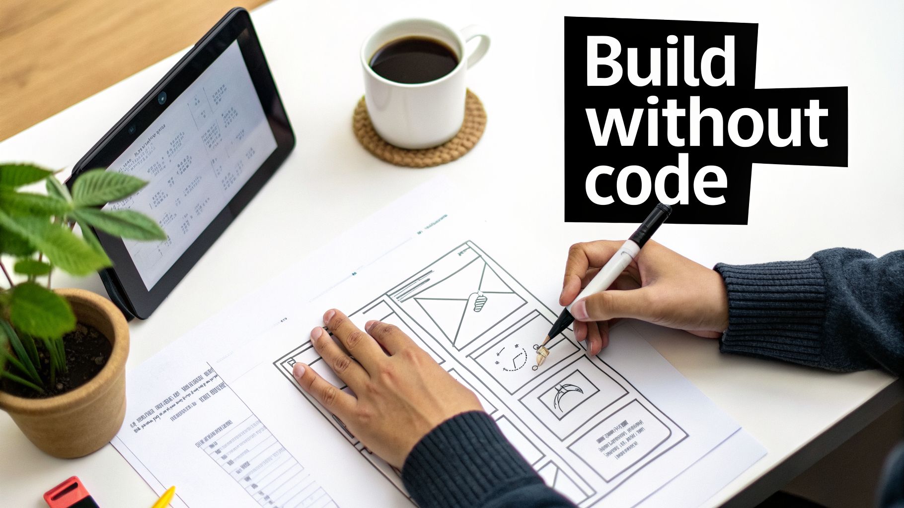 A person sketching app wireframes on paper with a marker, next to a tablet, coffee, and a plant, with text 'Build without code'.