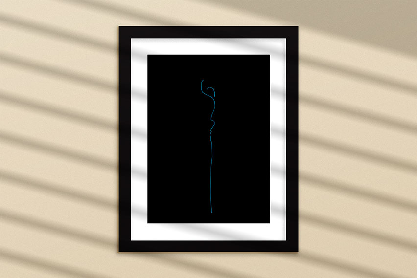 image of an framed art, the art is mainly a black background with a minimalist blue line drawing, titled positive space.