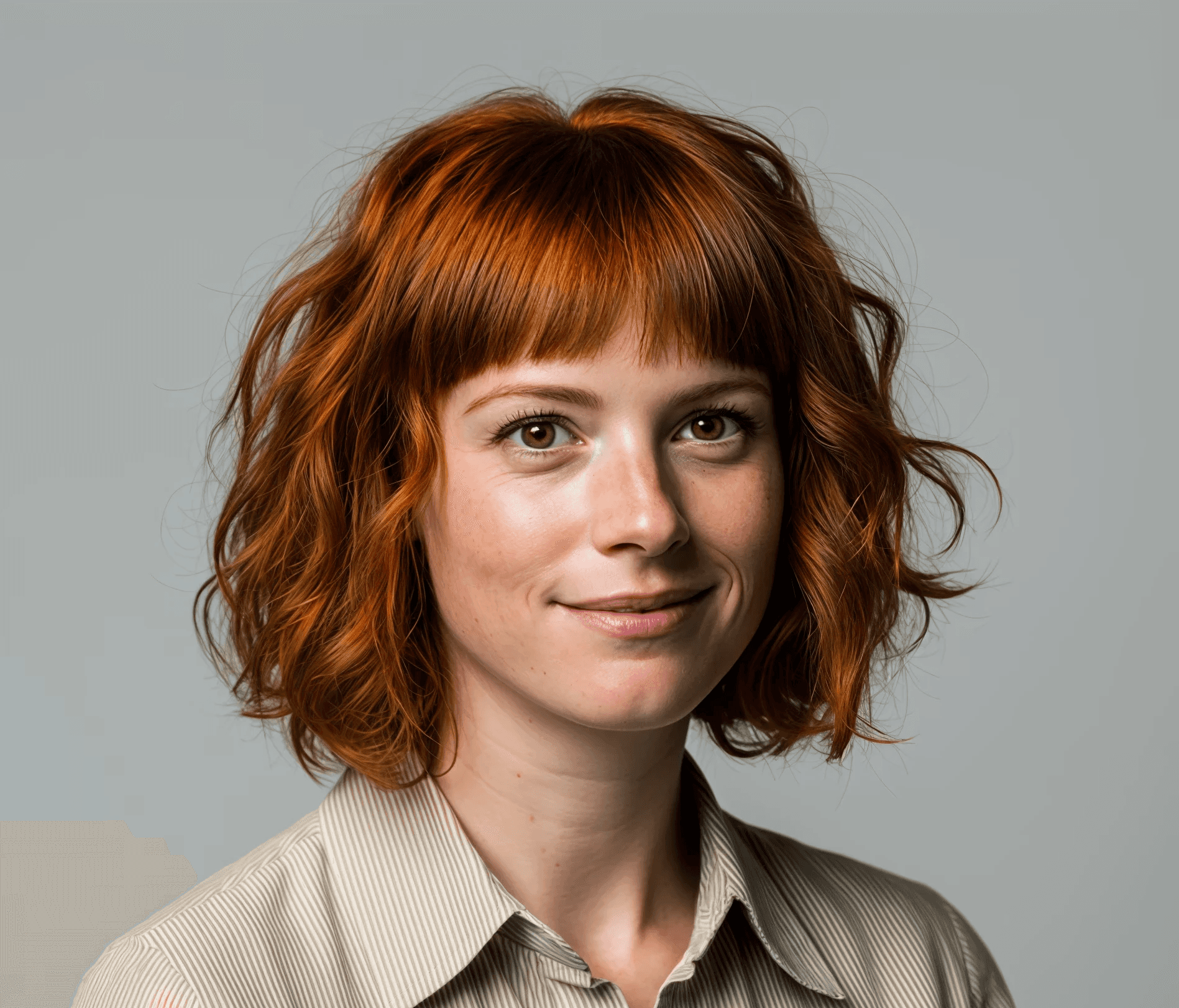 Portrait of a woman with red hair in a beige striped shirt, slight smile, gray studio background.