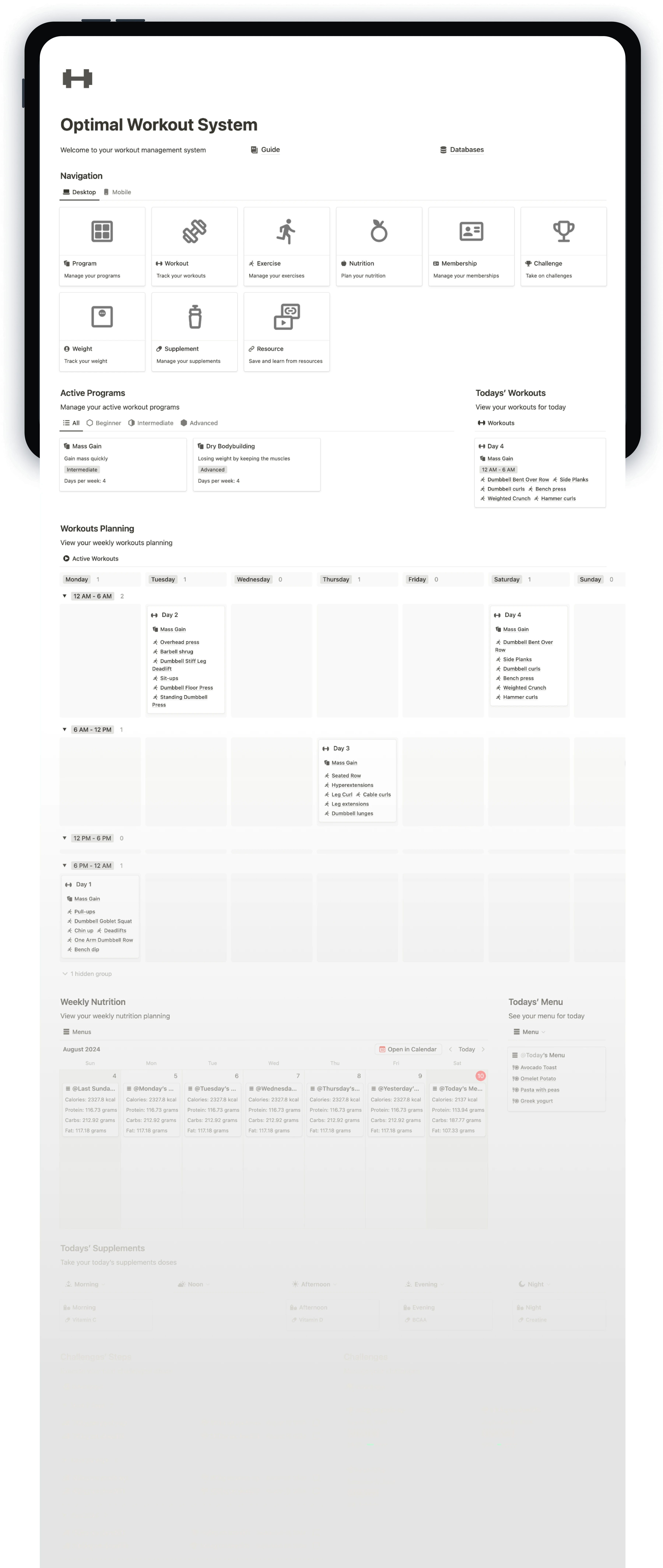 Notion Optimal Workout System - Dashboard