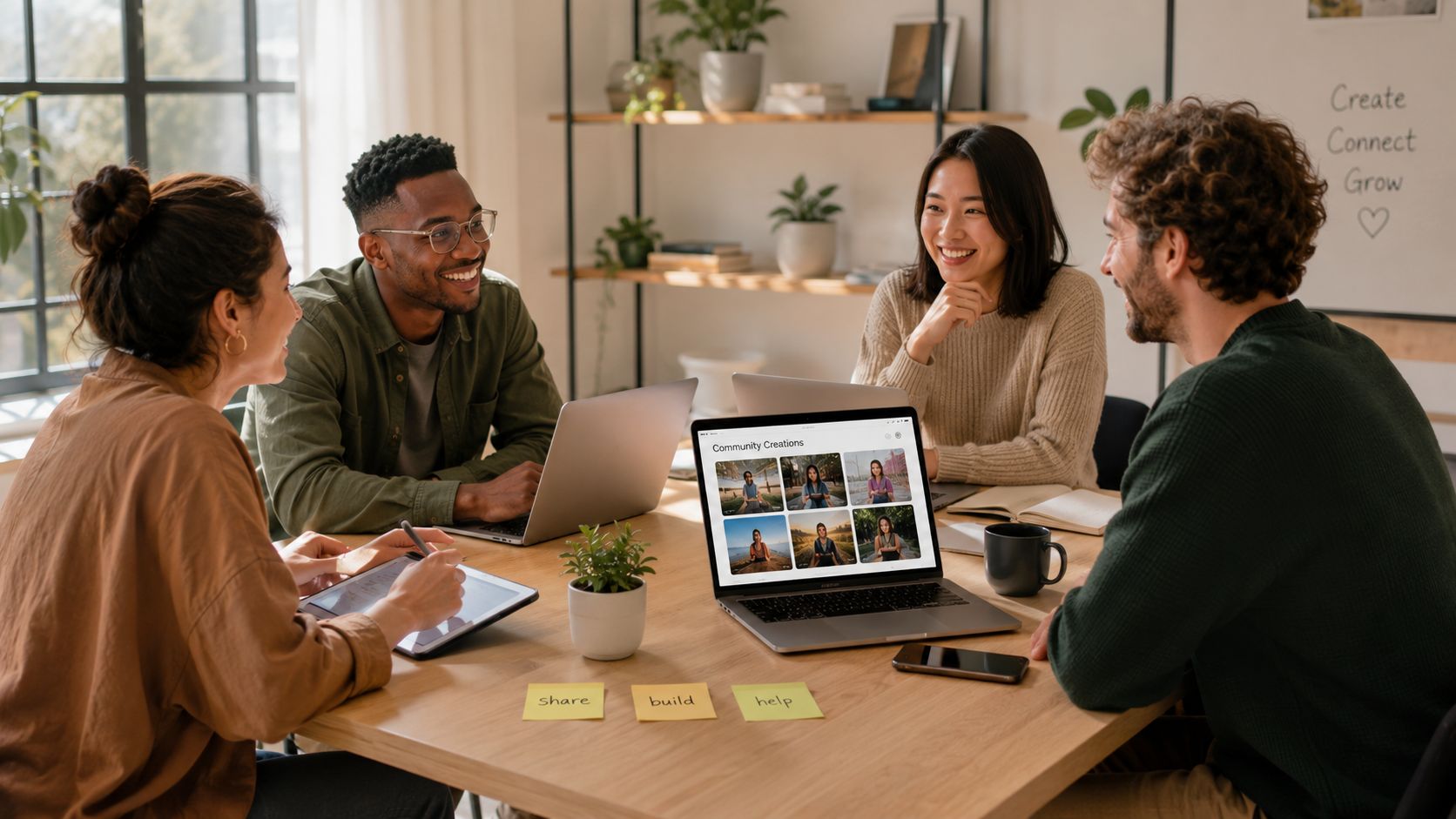 A diverse group of four professionals brainstorming and collaborating around a wooden table in a bright office.